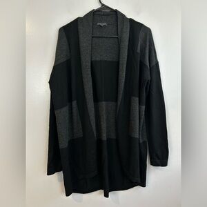 Eileen Fisher Black/Grey 100% Merino Wool Blocked Stripe Cardigan Sweater Medium